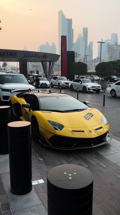 Original yellow Lamborghini Aventador SVJ parked in Dubai