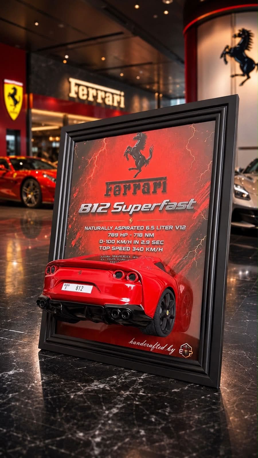 Framed 3D printed artwork of a red Ferrari 812 Superfast