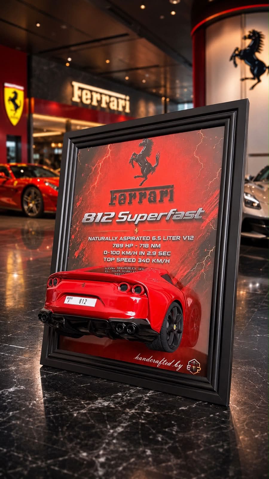 Handcrafted 3D framed artwork of a red Ferrari 812 Superfast in a showroom